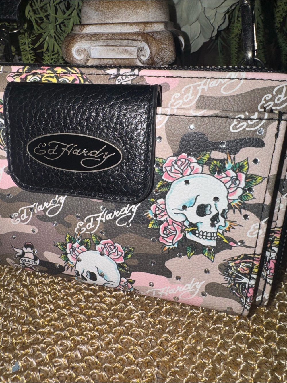 NWT Ed Hardy Pink & Black Skull Print Women's Crossbody Double Compartment Bag 💖